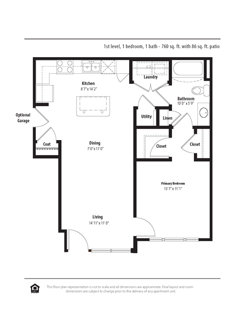 Floor plan for 1 bed, 1 bath, 781 sqft